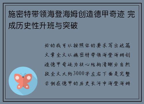 施密特带领海登海姆创造德甲奇迹 完成历史性升班与突破